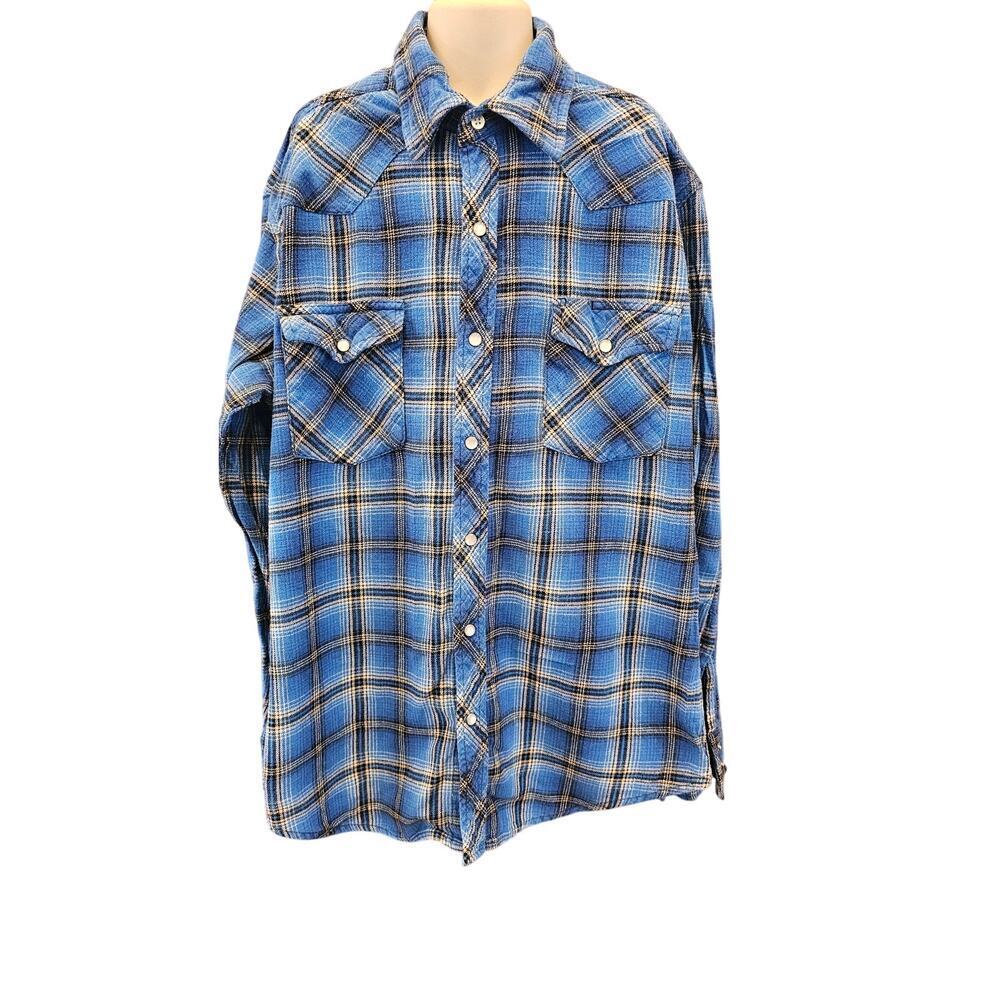 Wrangler Blue Plaid Long Sleeve Pearl Snap Western Shirt Size Medium
